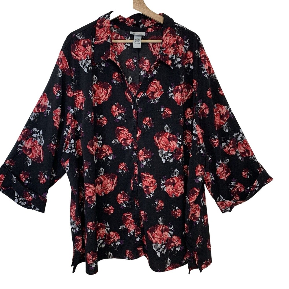 Catherines  Button Up Black Red Floral Blouse‎ Top Woman 4XL Long Line